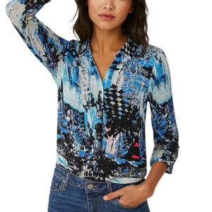 Tango Mango Blue Black Abstract Print Button Down Shirt L